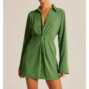 Abercrombie & Fitch Twist Shirt Dress XL Long Sleeve Collared Green Mini Preppy